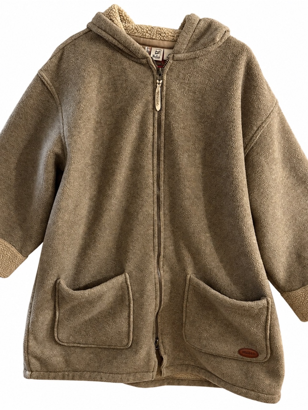 Woolrich Women’s XL Hooded Fleece Coat Made in USA Taupe Brown